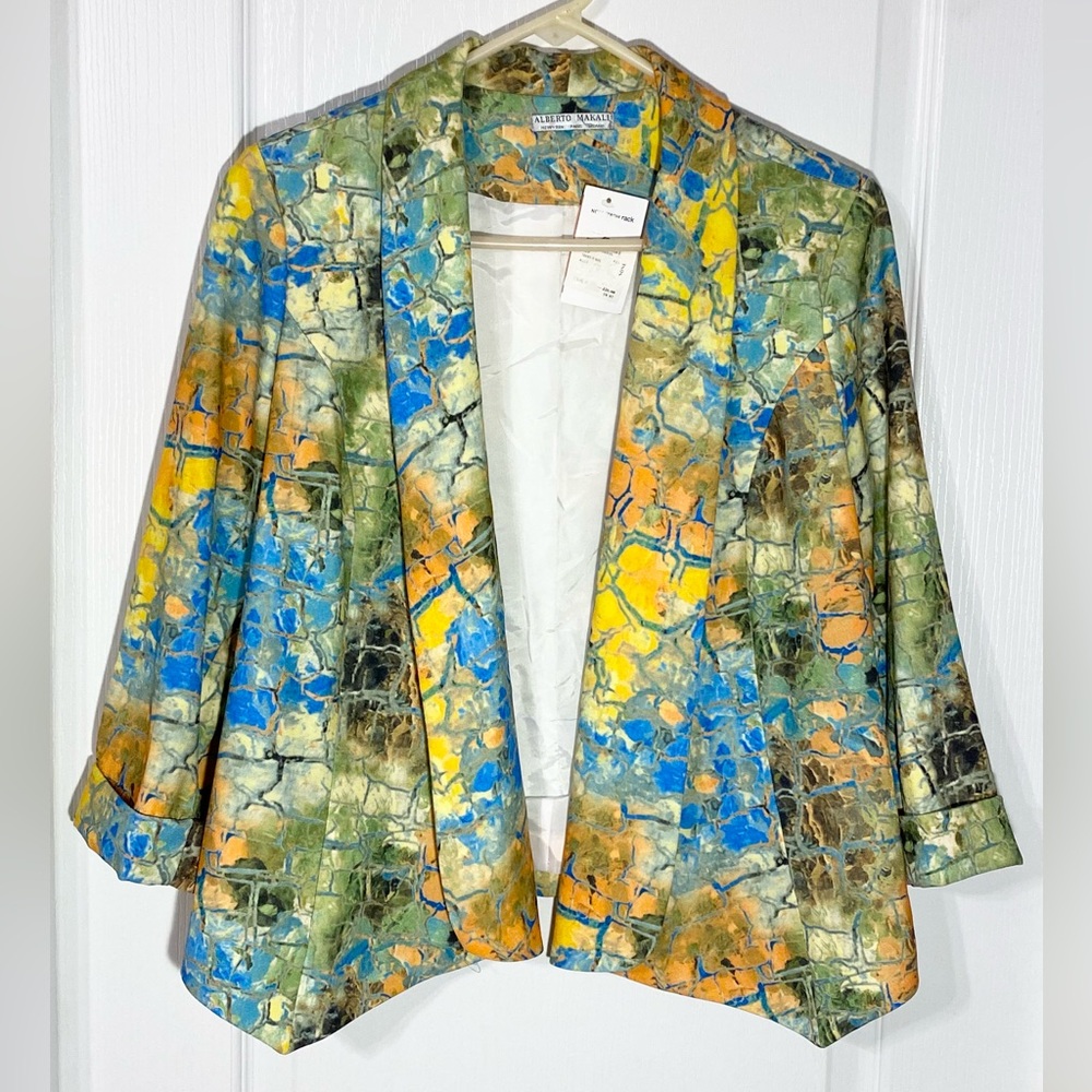 NWT Alberto Makali Abstract Mosaic Print Asymmetrical Open Front Blazer Medium